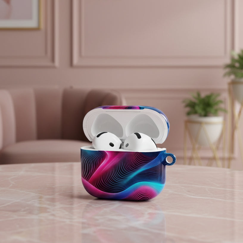 Abstrakte AirPod-Hülle mit Neonwellenmotiv