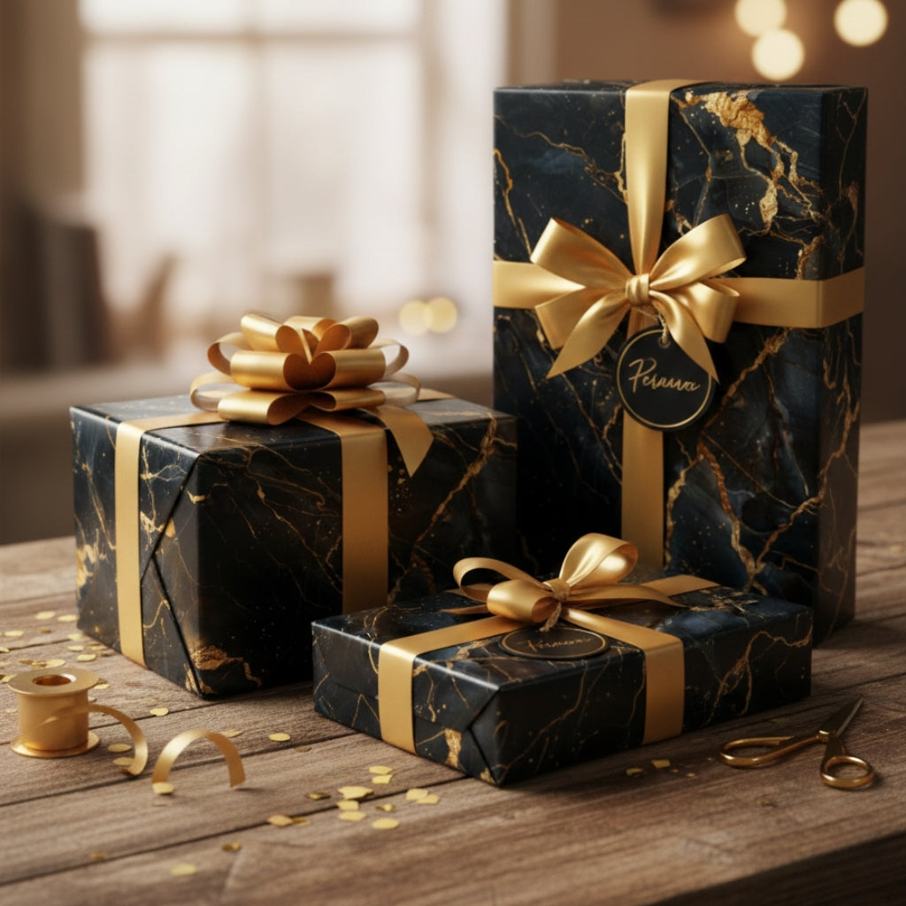 Luxuriöses Geschenkpapier in Schwarz-Gold-Marmoroptik von SYUTET