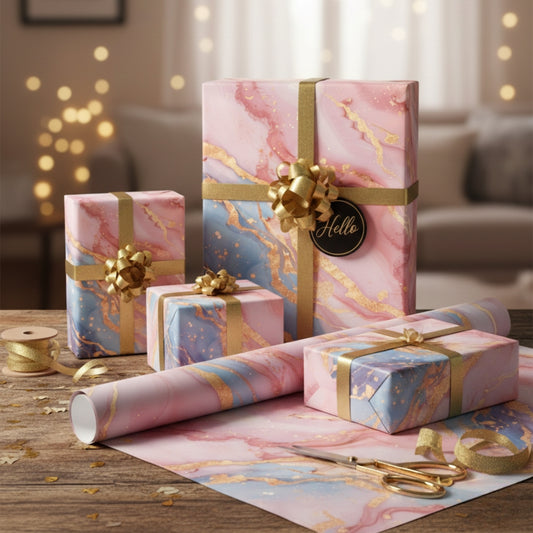Luxus-Geschenkpapier in rosa und goldenem Marmor-Look von SYUTET