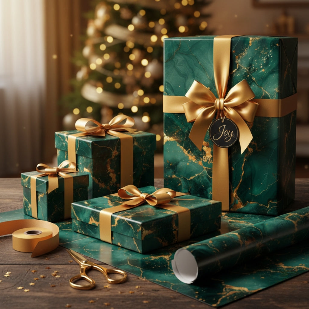 Luxuriöses Geschenkpapier in Grün-Gold-Marmoroptik von SYUTET